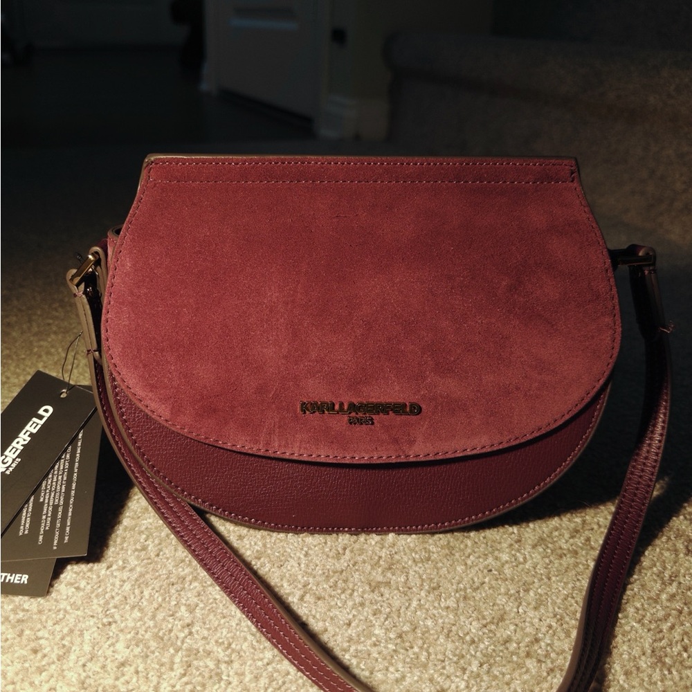 Karl Lagerfeld Burgundy Suede Crossbody Bag